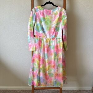 Vintage 1970 chiffon Posh Pastel Floral Long Sleeve Dress